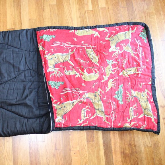 Vintage Wenzel Sleeping Bag Black with Flannel Deer Lining 73" x 31" Zipped - Picture 1 of 10